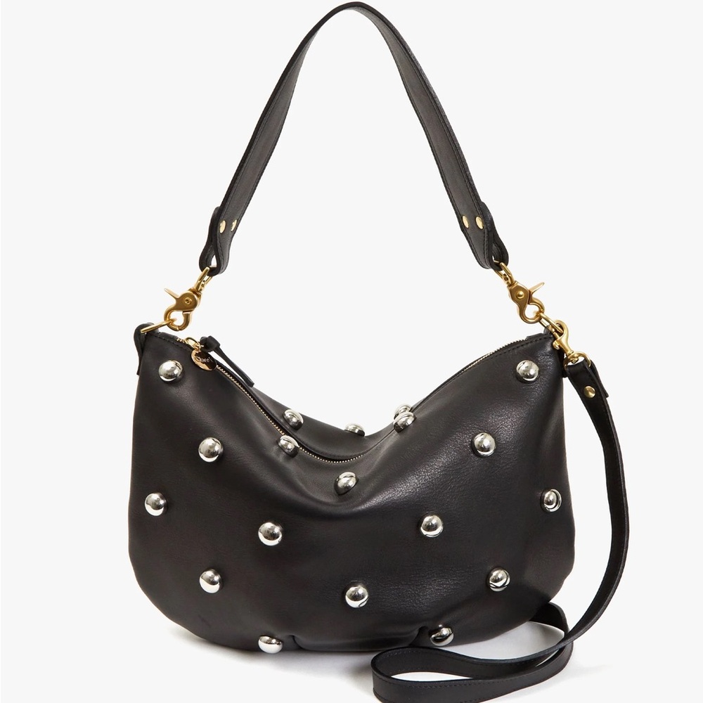 Clare V Black Leather Studded Crossbody Hobo Bag with Gold Hardware